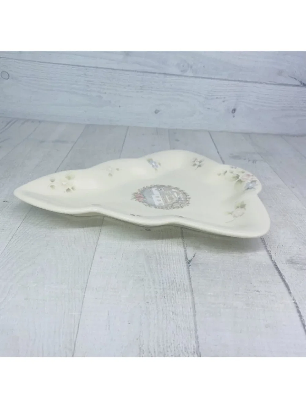 1980's Pfaltzgraff TEA ROSE Pink Roses Blue Flowers Stoneware Tree Shape Dish